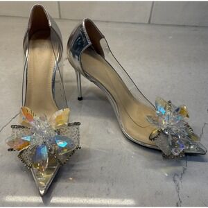 LOVE GUANG ZHOU Clear PrincessCrystal Embellished Bow Heels Narrow US 5.5 EU36